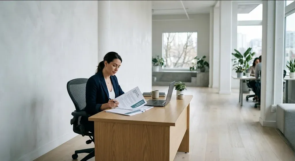A business professional reviewing healthcare documents at a modern office desk in soft, natural light.