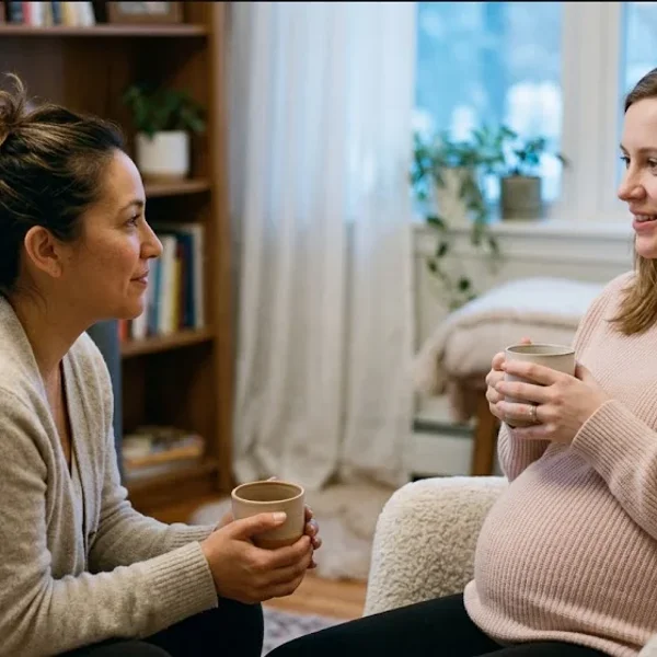 A doula and a pregnant woman sitting together in a cozy living room, holding mugs and talking gently.
