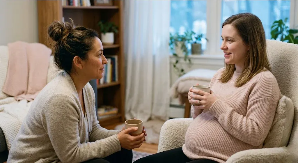 A doula and a pregnant woman sitting together in a cozy living room, holding mugs and talking gently.