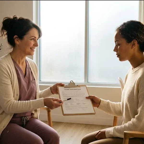An OBGYN in a sunlit room handing a clipboard to a patient with a reassuring and empathetic expression.