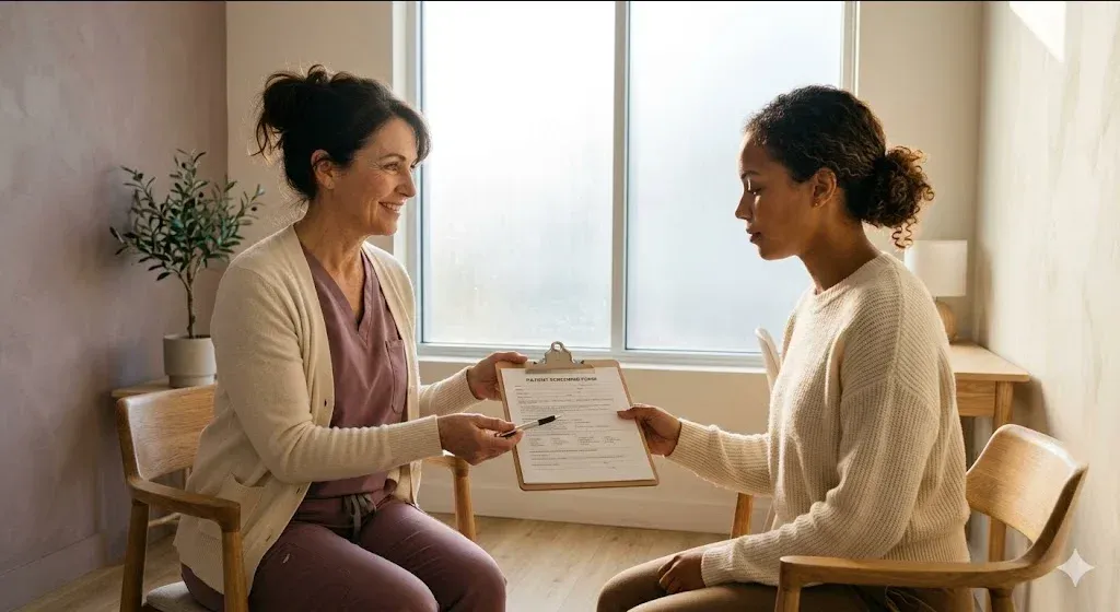 An OBGYN in a sunlit room handing a clipboard to a patient with a reassuring and empathetic expression.
