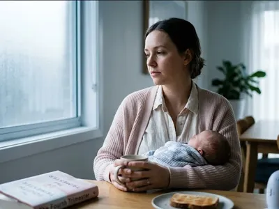 A person at a table with a warm drink, looking forward with a calm, open expression, representing the themes of "Perinatal Mental Health Statistics: Key Facts About PMADs (2026)".