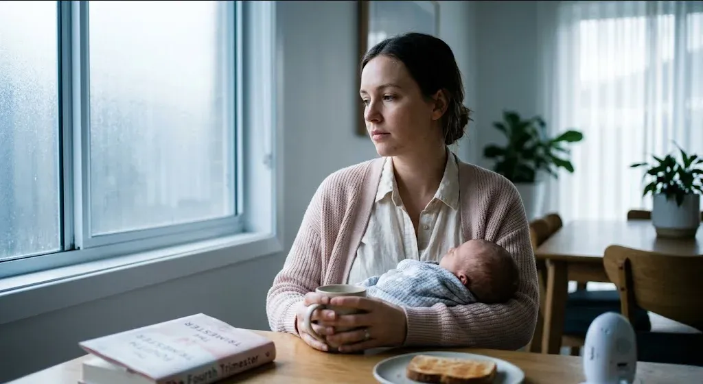 A person at a table with a warm drink, looking forward with a calm, open expression, representing the themes of "Perinatal Mental Health Statistics: Key Facts About PMADs (2026)".