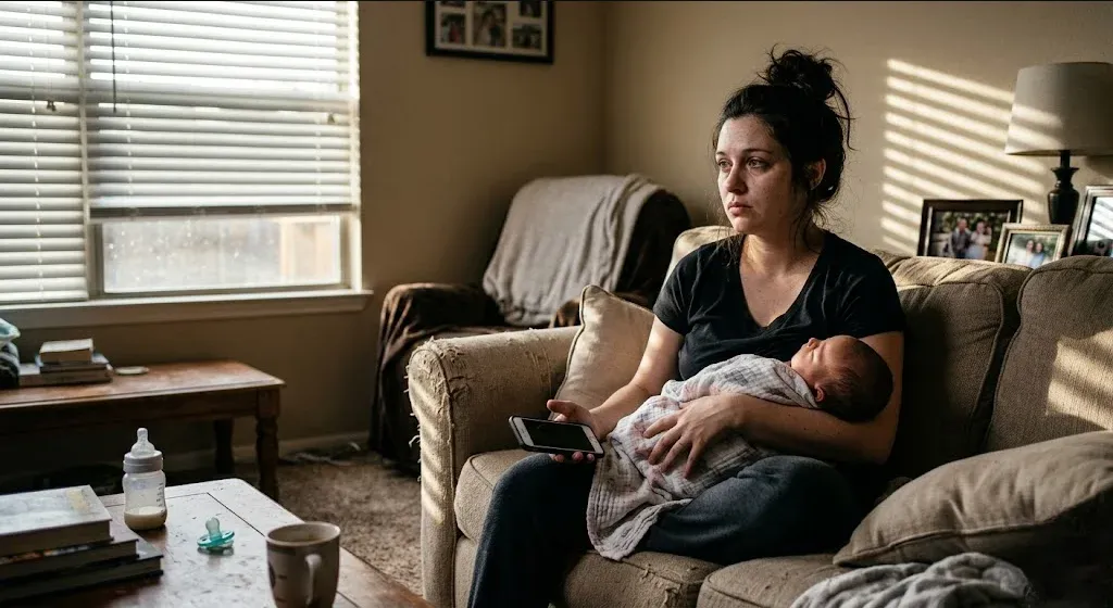 New mother in Houston living room holding phone, expression uncertain, afternoon light filtered through blinds