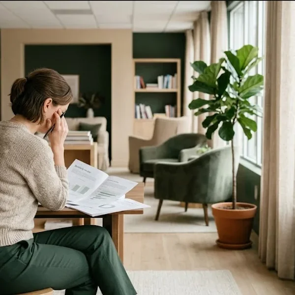 A quiet interior scene — soft light, a plant, a chair, a sense of calm presence, representing the themes of "Measuring ROI of Perinatal Mental Health Benefits: The Data HR Teams Need to Justify Renewal".