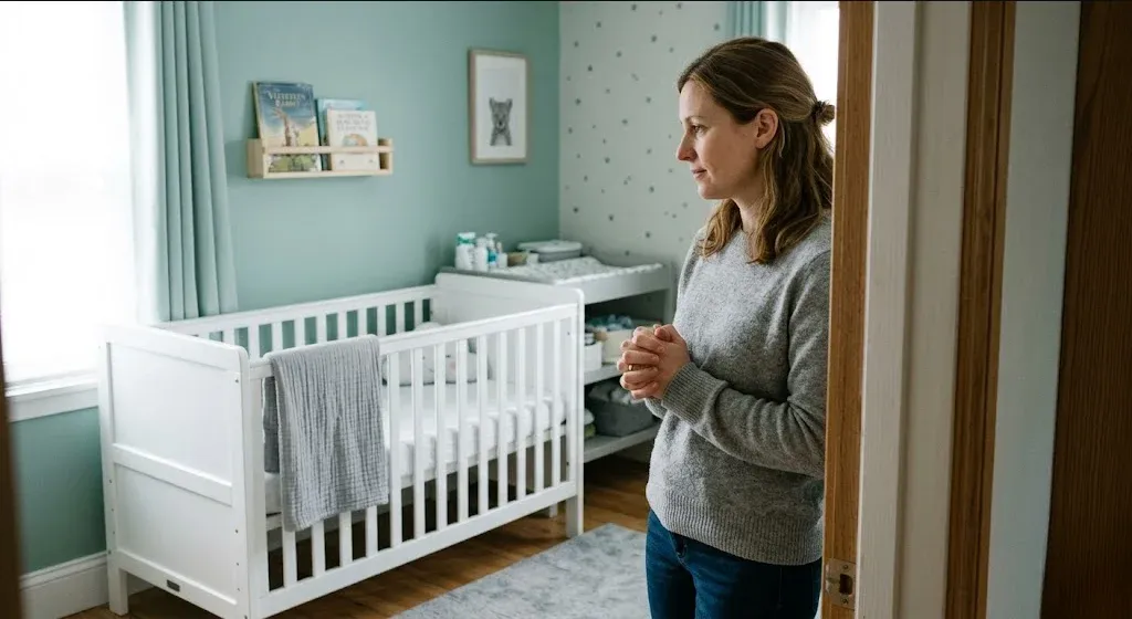 A mother standing in the doorway of a softly lit nursery, looking toward a crib with her hands clasped tightly.