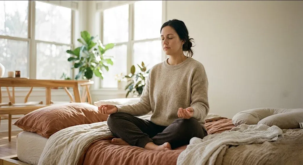 A person sitting cross-legged on a bed with eyes closed, hands resting on knees, breathing slowly, representing the themes of "Your Complete Guide to Perinatal OCD & Intrusive Thoughts".