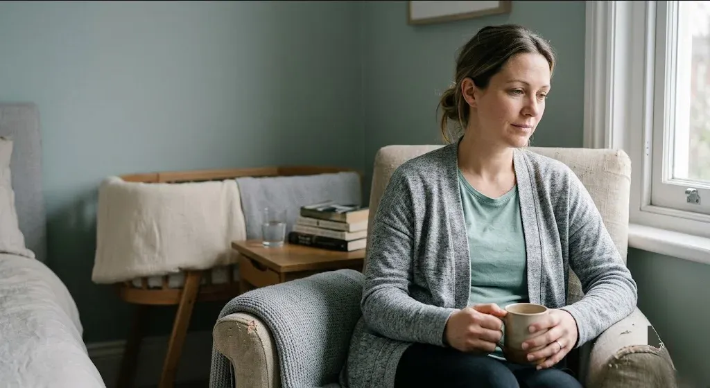 A person sitting on the edge of a bed in soft morning light, hands folded in lap, representing the themes of "Perinatal Sleep and Mood Disorders: When Exhaustion Looks Like Depression".