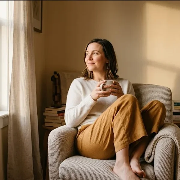 A quiet interior scene β soft light, a plant, a chair, a sense of calm presence, representing the themes of "Utilization Review and Outcome Benchmarks for Perinatal Mental Health Telehealth Programs".