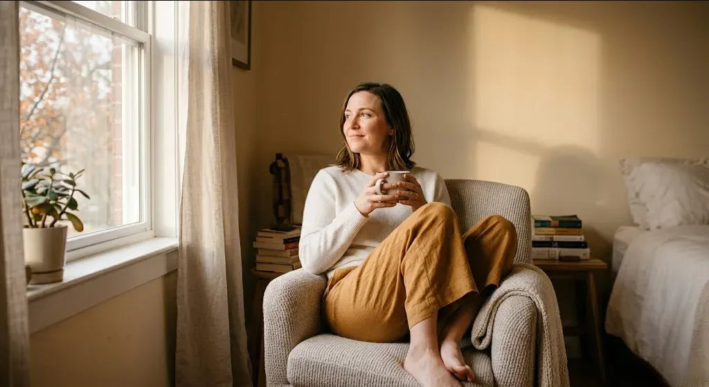 A quiet interior scene β soft light, a plant, a chair, a sense of calm presence, representing the themes of "Utilization Review and Outcome Benchmarks for Perinatal Mental Health Telehealth Programs".