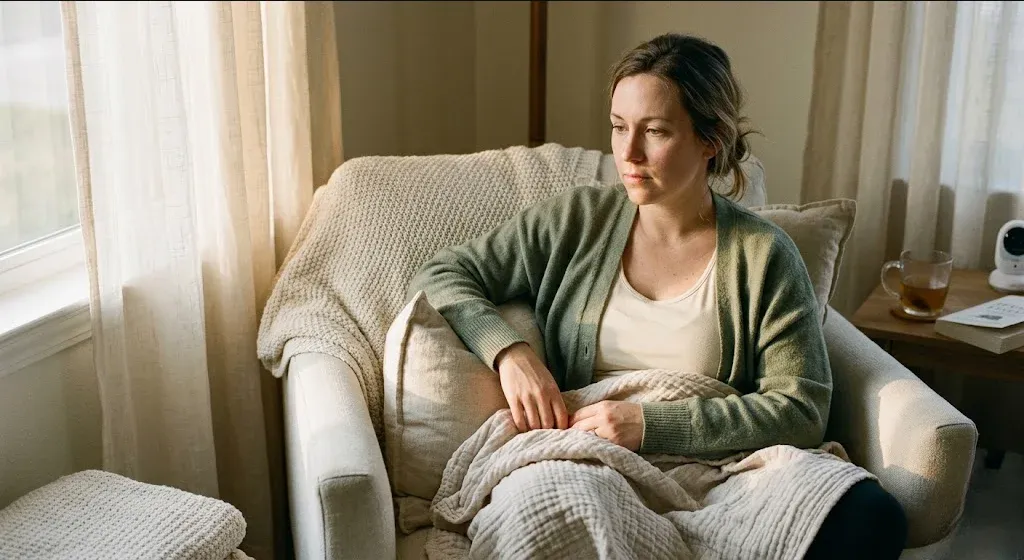 A woman at a kitchen table, baby carrier on the chair beside her, warm cup in hand, representing the themes of "Postpartum Depression or Normal Adjustment: How to Tell the Difference".