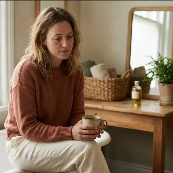 A new mother in a rocking chair in a softly lit nursery, cradling her infant, representing the themes of "Pharmacological Treatment of Postpartum Anxiety and PTSD".