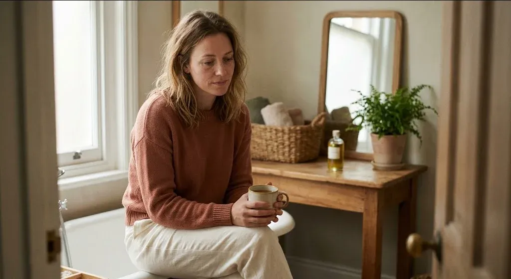 A new mother in a rocking chair in a softly lit nursery, cradling her infant, representing the themes of "Pharmacological Treatment of Postpartum Anxiety and PTSD".