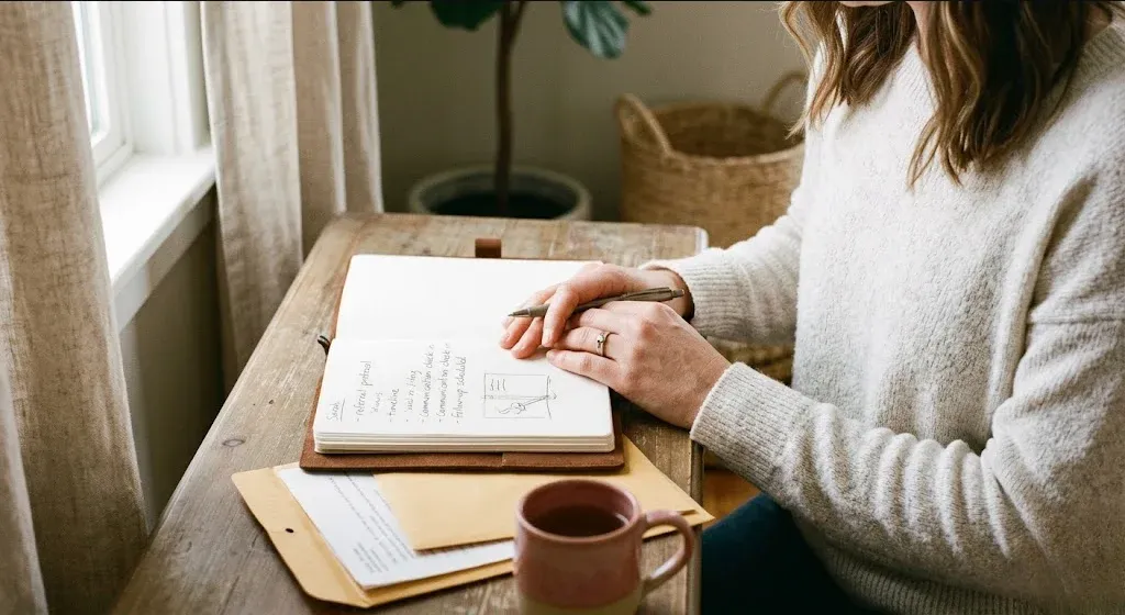 A woman sitting on a bed with a journal open, pen resting, warm morning light, representing the themes of "Clinical Coordination After Referral: How Phoenix Health Keeps Fertility Clinics Informed".