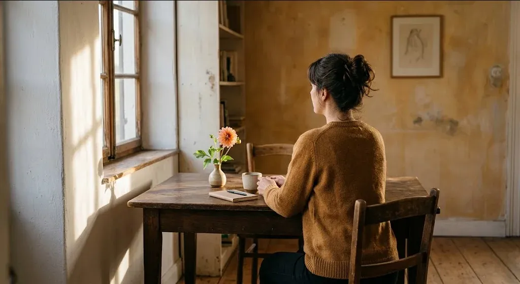 A woman at a table with a single flower in a small vase, quiet and still, representing the themes of "The Physical Side of Miscarriage: What to Expect and How to Care for Your Body".