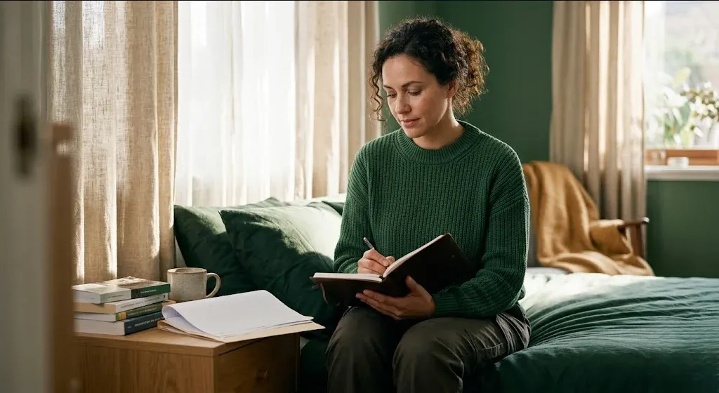 A quiet interior scene — soft light, a plant, a chair, a sense of calm presence, representing the themes of "The PMAD Documentation Gap in OB and Social Work Charts".