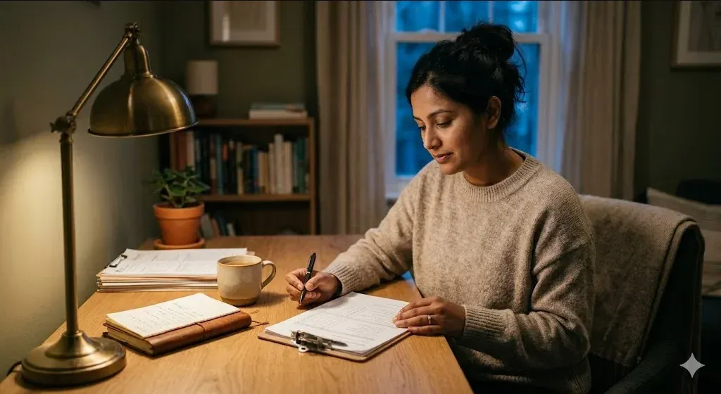 A woman sitting in a quiet room with soft window light, holding a small plant, expression hopeful, representing the themes of "Perinatal Mood and Anxiety Disorder Screening During Fertility Treatment: Timing, Instruments, and Pre-OB Transfer Handoff".