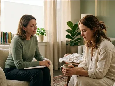 A woman at a kitchen table, baby carrier on the chair beside her, warm cup in hand, representing the themes of "Postpartum Anxiety: Am I Worrying Too Much, or Is Something Actually Wrong?".