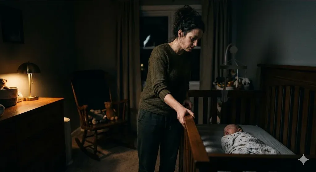 Anxious mother standing beside crib in dark nursery, hand on rail, checking on sleeping baby
