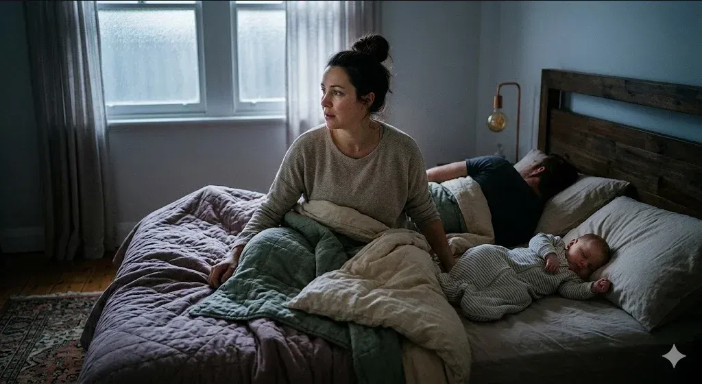 A mother sitting awake in bed in the early morning light while her baby sleeps softly in the background.