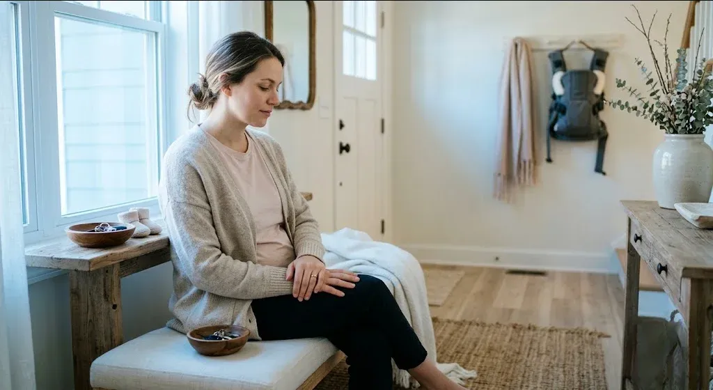 A parent on a couch, infant nestled on their chest, both still and quiet, representing the themes of "Postpartum Anxiety Recovery: What to Expect and How Long It Takes".