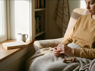 A woman at a kitchen table, baby carrier on the chair beside her, warm cup in hand, representing the themes of "Postpartum Anxiety Statistics: Prevalence, Rates, and Key Facts (2026)".