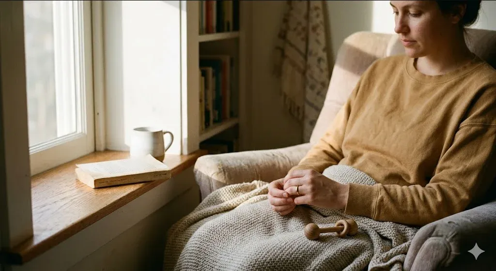 A woman at a kitchen table, baby carrier on the chair beside her, warm cup in hand, representing the themes of "Postpartum Anxiety Statistics: Prevalence, Rates, and Key Facts (2026)".