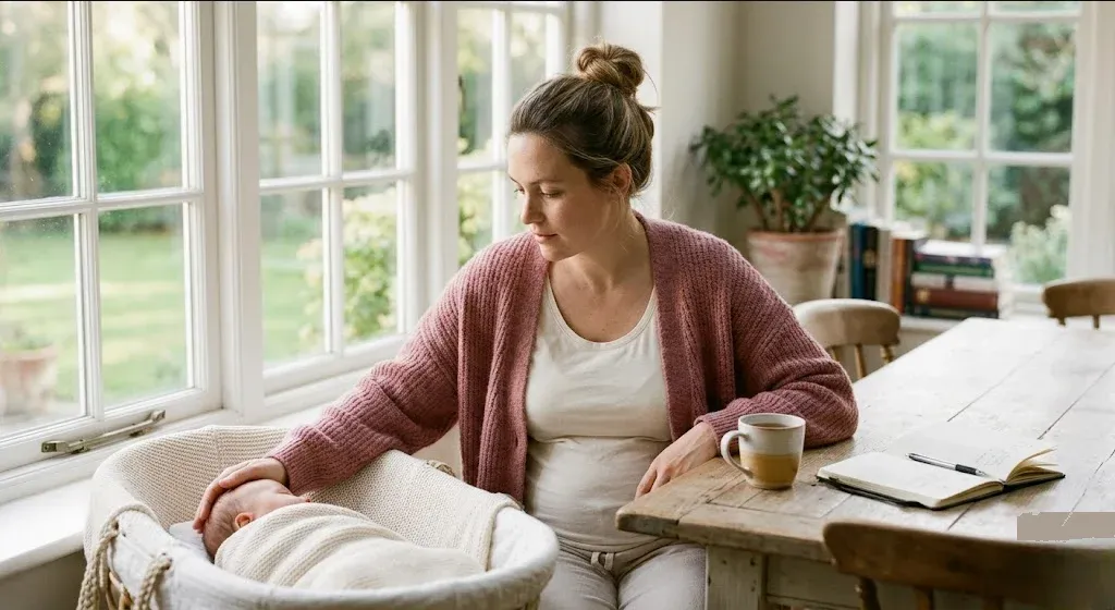 A parent on a couch, infant nestled on their chest, both still and quiet, representing the themes of "Postpartum Body Image: What's Actually Happening and What Helps".
