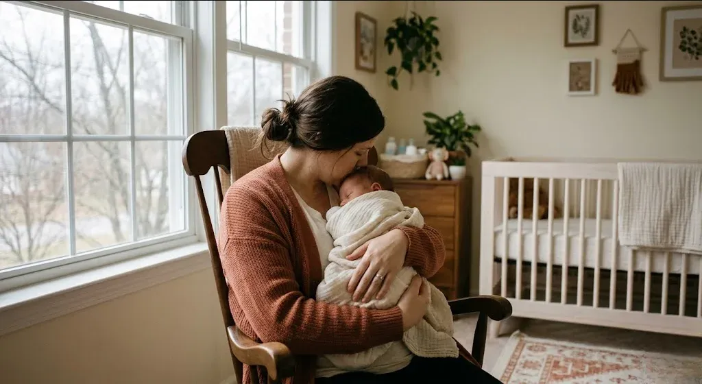 A new mother in a rocking chair in a softly lit nursery, cradling her infant, representing the themes of "Postpartum Depression and Anxiety Support in Atlanta, GA".