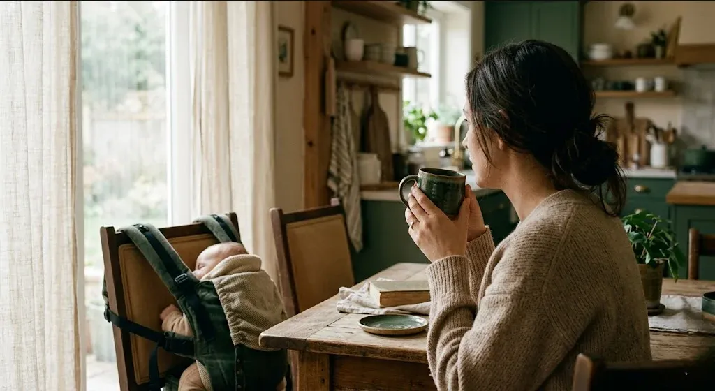 A woman at a kitchen table, baby carrier on the chair beside her, warm cup in hand, representing the themes of "Postpartum Depression and Anxiety Support in Augusta, GA".