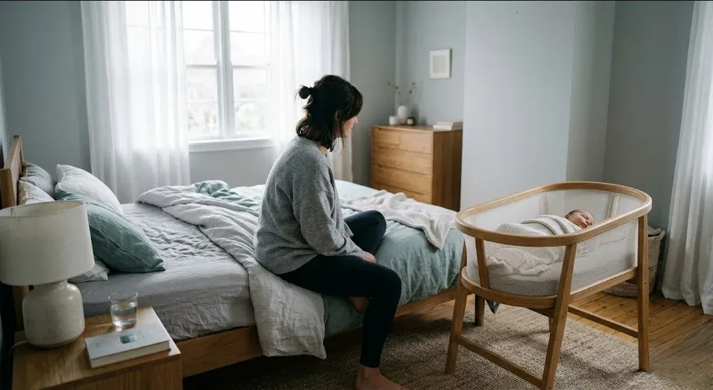 A mother sitting on the edge of a bed in morning light, infant asleep nearby in a bassinet, representing the themes of "Postpartum Depression and Anxiety Support in Baton Rouge, LA".
