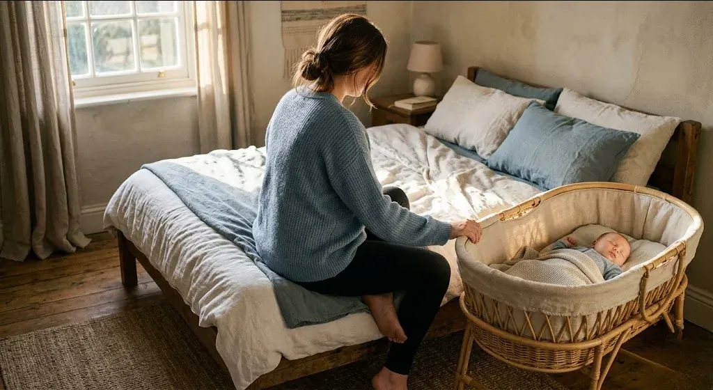 A mother sitting on the edge of a bed in morning light, infant asleep nearby in a bassinet, representing the themes of "Postpartum Depression and Anxiety Support in Bellevue, WA".