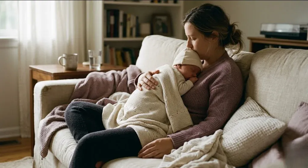 A parent on a couch, infant nestled on their chest, both still and quiet, representing the themes of "Postpartum Depression and Anxiety Support in Buffalo, NY".