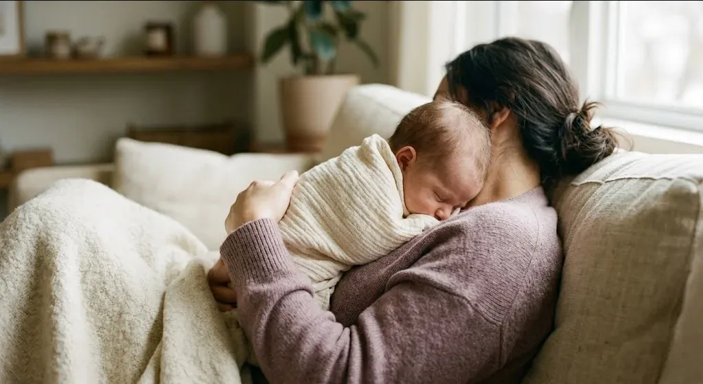 A parent on a couch, infant nestled on their chest, both still and quiet, representing the themes of "Postpartum Depression and Anxiety Support in Charlotte, NC".
