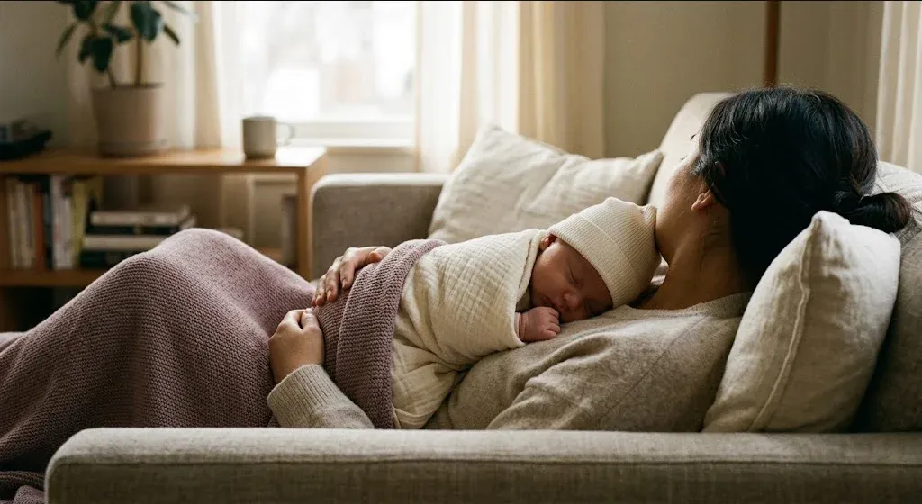 A parent on a couch, infant nestled on their chest, both still and quiet, representing the themes of "Postpartum Depression and Anxiety Support in Fort Lauderdale, FL".