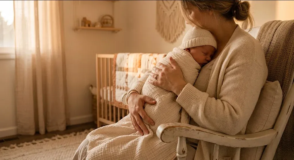 A new mother in a rocking chair in a softly lit nursery, cradling her infant, representing the themes of "Postpartum Depression and Anxiety Support in Greensboro, NC".