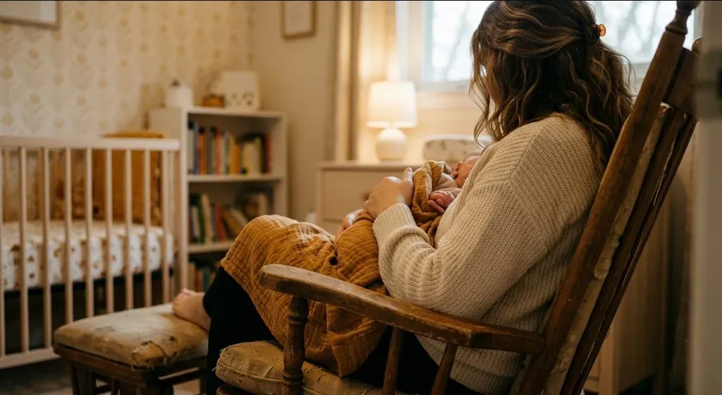 A new mother in a rocking chair in a softly lit nursery, cradling her infant, representing the themes of "Postpartum Depression and Anxiety Support in Irvine, CA".