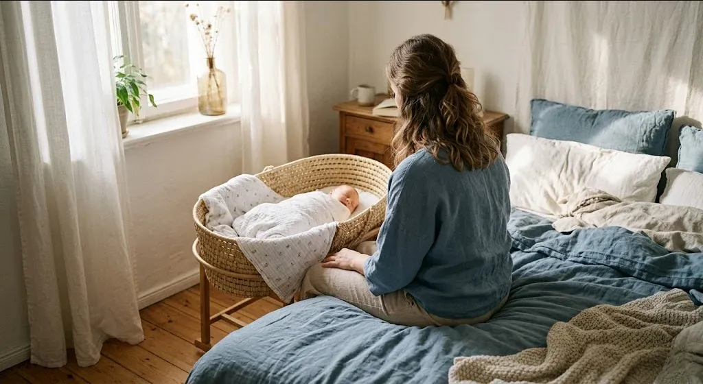 A mother sitting on the edge of a bed in morning light, infant asleep nearby in a bassinet, representing the themes of "Postpartum Depression and Anxiety Support in Jacksonville, FL".