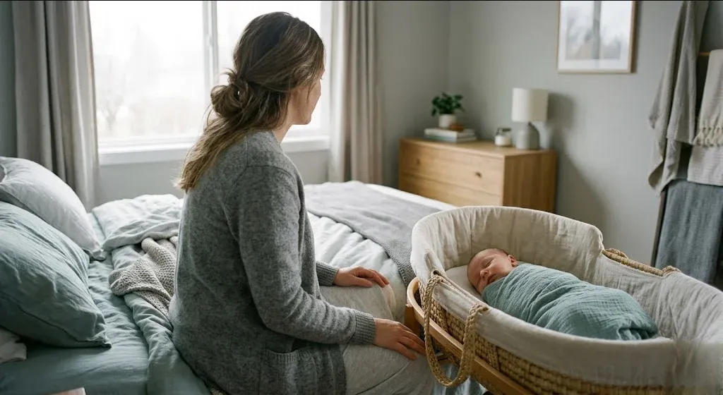 A mother sitting on the edge of a bed in morning light, infant asleep nearby in a bassinet, representing the themes of "Postpartum Depression and Anxiety Support on Long Island, NY".