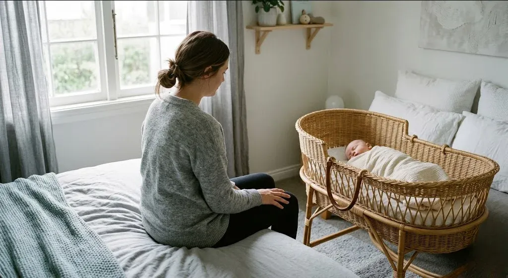 A mother sitting on the edge of a bed in morning light, infant asleep nearby in a bassinet, representing the themes of "Postpartum Depression and Anxiety Support in Mesa, AZ".