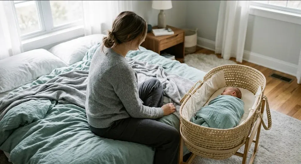 A mother sitting on the edge of a bed in morning light, infant asleep nearby in a bassinet, representing the themes of "Postpartum Depression and Anxiety Support in Miami, FL".