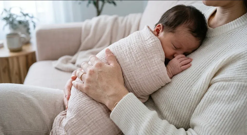 A parent on a couch, infant nestled on their chest, both still and quiet, representing the themes of "Postpartum Depression and Anxiety Support in Myrtle Beach, SC".
