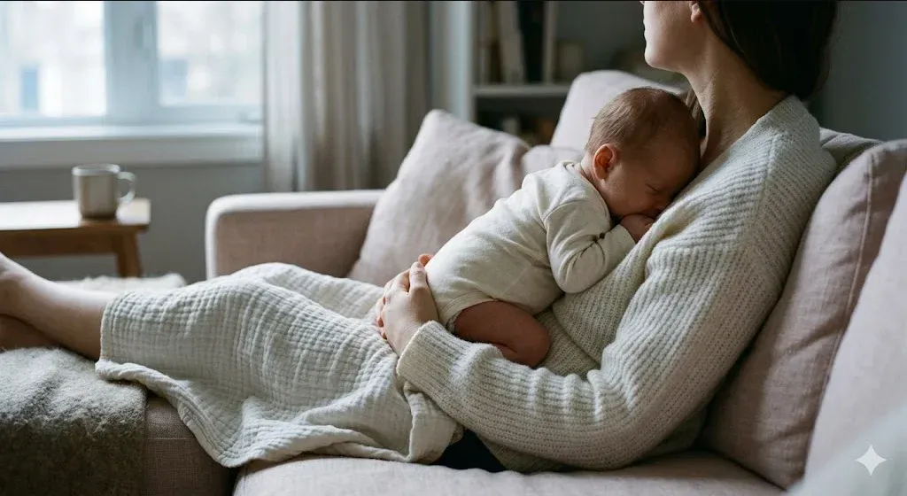 A parent on a couch, infant nestled on their chest, both still and quiet, representing the themes of "Postpartum Depression and Anxiety Support in New Orleans, LA".