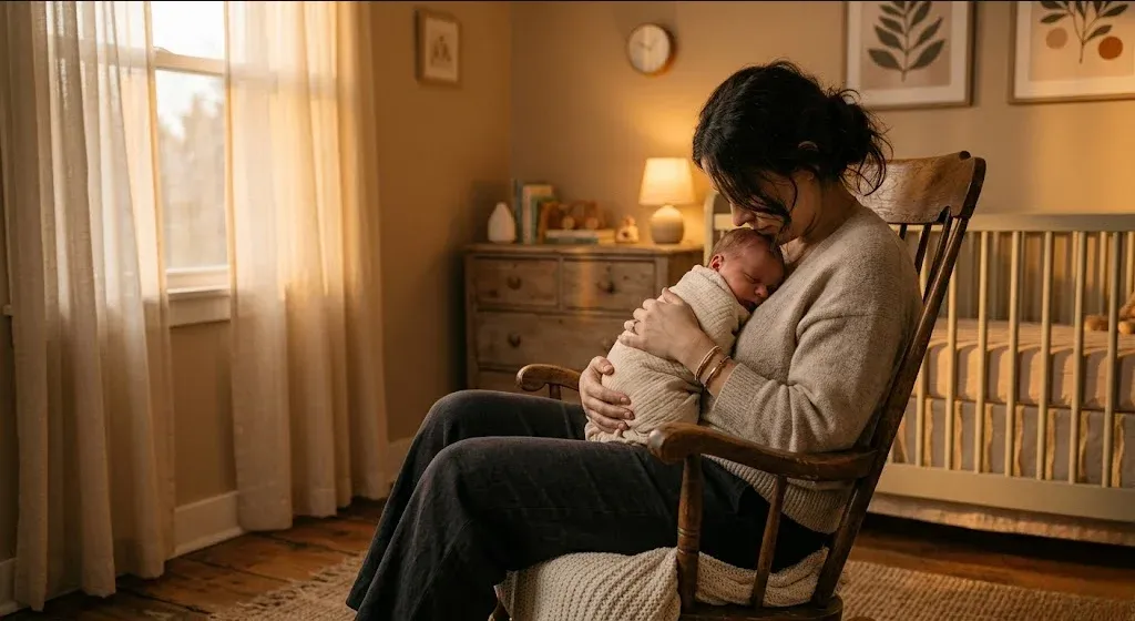 A new mother in a rocking chair in a softly lit nursery, cradling her infant, representing the themes of "Postpartum Depression and Anxiety Support in New York City, NY".