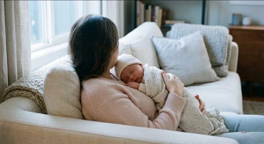 A parent on a couch, infant nestled on their chest, both still and quiet, representing the themes of "Postpartum Depression and Anxiety Support in Oklahoma City, OK".
