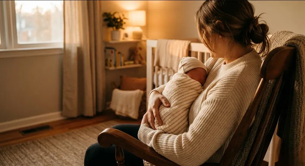 A new mother in a rocking chair in a softly lit nursery, cradling her infant, representing the themes of "Postpartum Depression and Anxiety Support in Orlando, FL".