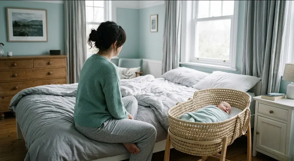 A mother sitting on the edge of a bed in morning light, infant asleep nearby in a bassinet, representing the themes of "Postpartum Depression and Anxiety Support in Phoenix, AZ".