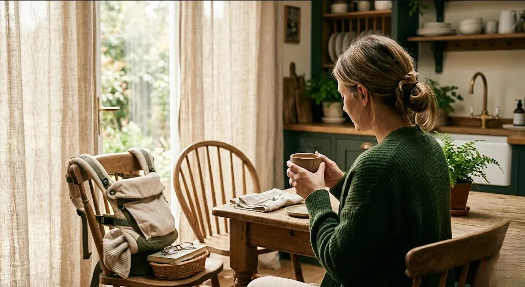 A woman at a kitchen table, baby carrier on the chair beside her, warm cup in hand, representing the themes of "Postpartum Depression and Anxiety Support in Raleigh, NC".