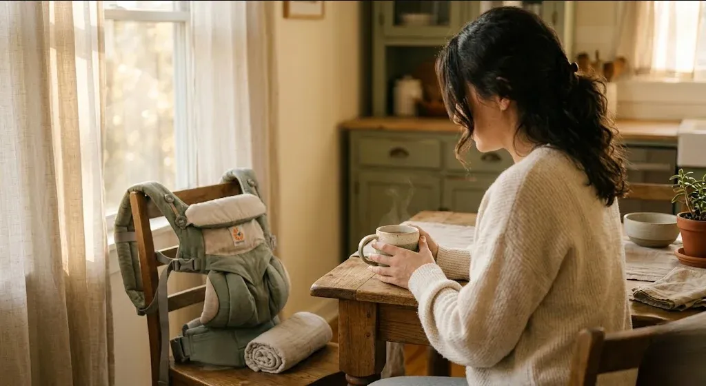 A woman at a kitchen table, baby carrier on the chair beside her, warm cup in hand, representing the themes of "Postpartum Depression and Anxiety Support in Rochester, NY".