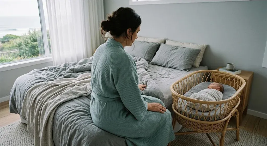 A mother sitting on the edge of a bed in morning light, infant asleep nearby in a bassinet, representing the themes of "Postpartum Depression and Anxiety Support in Sacramento, CA".